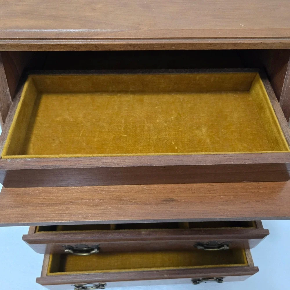 Vintage Wooden Miniature Secretary Desk Jewelry Box 4 Drawer Brass Pulls Brown